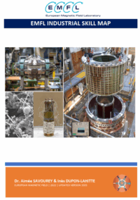 Cover of the new edition of the EMFL skillmap containing a picture of various magnets from our facilities (HZDR high performance magnet, LNCMI all superconductive magnet and LNCMI hybrid magnet) as well as the scanning electron microscope image of a composite powder made with copper ferrical powder and silver nanowires.